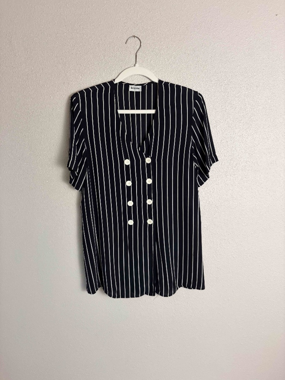 Lecomte Vintage Black Blouse with White Stripes and Buttons